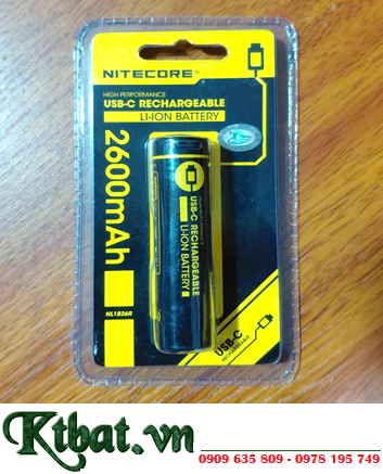 Nitecore NL1826R _ Pin sạc 18650 Lithium Li-ion 3.7v Nitecore NL1826R 2600mAh 9.62Wh (Thân Pin có cổng sạc USB Type C)