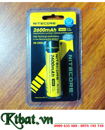 Nitecore NL1826; Pin sạc 18650 lithium 3.7v Nitecore NL1826 (2600mAh Nội trở 9.6Wh) chính hãng