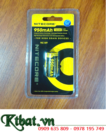 Nitecore NL169; Pin sạc 3.6v-3.7v 16340 Lithium Li-ion Nitecore NL169 (950mAh Nội trở 3.7Wh) chính hãng