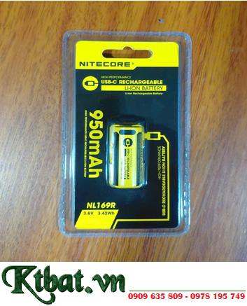 Pin sạc 16340 CR123A Nitecore NL169R 3.7v 950mAh 3.42Wh /Thân có cổng sạc USB-Type C