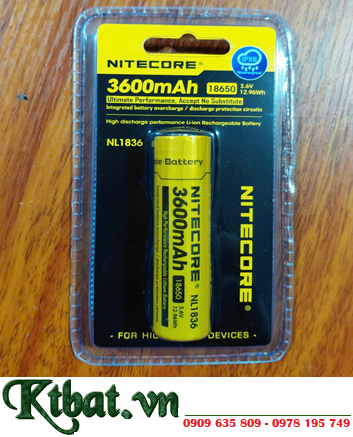 Nitecore NL1836; Pin sạc 18650 lithium 3.7v-Max 4.2v Nitecore NL1836 (3600mAh Nội trở 12.96Wh, 3A)