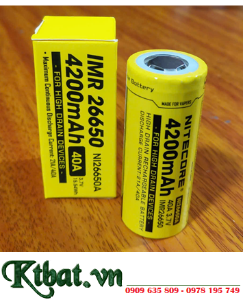 Pin sạc Nitecore IMR26650 Lithium 3.7v 4200mAh (dòng xả 40A) chính hãng| HÀNG CÓ SẲN