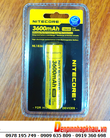 Nitecore NL1836; Pin sạc 18650 lithium 3.7v-Max 4.2v Nitecore NL1836 (3600mAh Nội trở 12.96Wh, 3A)